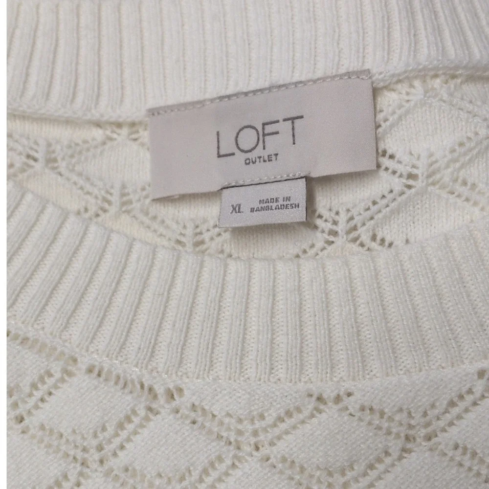 LOFT Ivory Pointelle Diamond Knit Top Puff Sleeve Feminine Cottage Dainty XLarge